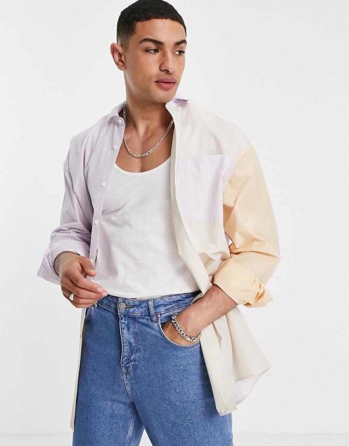 Asos Design Aline Oversized Shirt In Pastel Patchwork Stripe-yellow