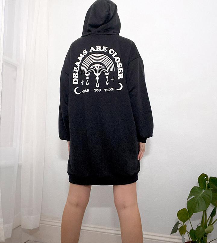 Asos Design Tall Oversized Mini Sweatshirt Hoodie Dress In Black With 'dreams' Slogan