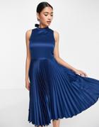 Closet London High Neck Pleated Midi Dress In Navy