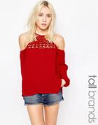Influence Tall Cheesecloth Cold Shoulder Top With Crochet Insert - Chilli Red
