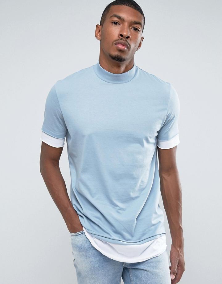Asos Longline T-shirt With Turtleneck And Layering In Blue/white - Blue