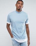 Asos Longline T-shirt With Turtleneck And Layering In Blue/white - Blue