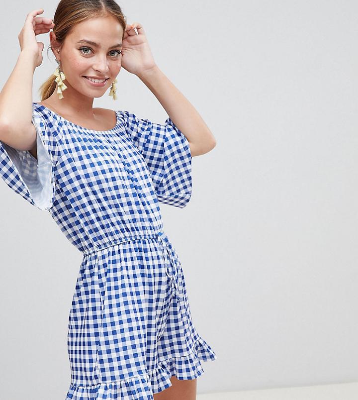 Asos Design Petite Off Shoulder Jersey Romper With Frill Hem In Gingham - Multi