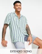 Asos Design Relaxed Revere Stripe Shirt In Sage Green & White