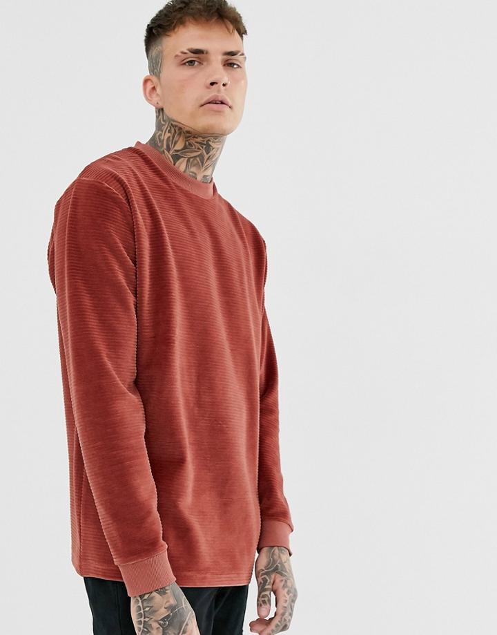 Asos Design Relaxed Long Sleeve T-shirt In Ribbed Velour In Tan - Brown
