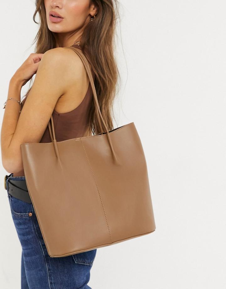 Asos Design Clean Shopper Bag With Pinched Straps In Tan-brown