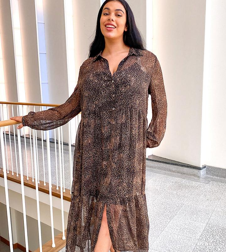 Noisy May Curve Tiered Maxi Shirt Dress In Brown Leopard-multi