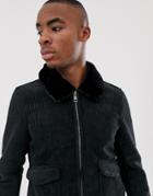 Pull & Bear Cord Jacket With Faux Fur Collar In Black - Black