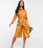 Asos Design Petite Leather-look Romper In Caramel-white
