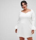 Asos Design Curve Sweetheart Mini Shift Dress With Fluted Sleeve-cream
