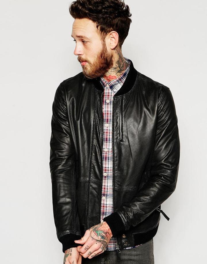 Pretty Green Leather Bomber With Perfomated Pindot - Black