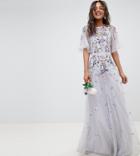 Asos Design Tall Bridesmaid Floral Embroidered Dobby Mesh Flutter Sleeve Maxi Dress - Gray
