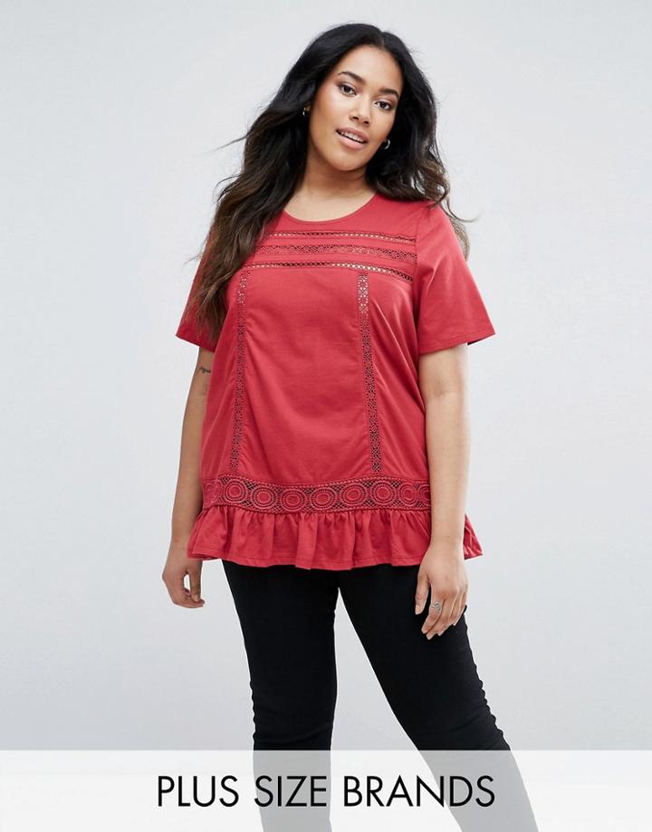 Junarose Frill Hem Top With Crochet Insert - Red