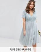 Lovedrobe Luxe Cap Sleeve V Neck Midi Dress With Delicate Sequin And Tulle Skirt - Blue