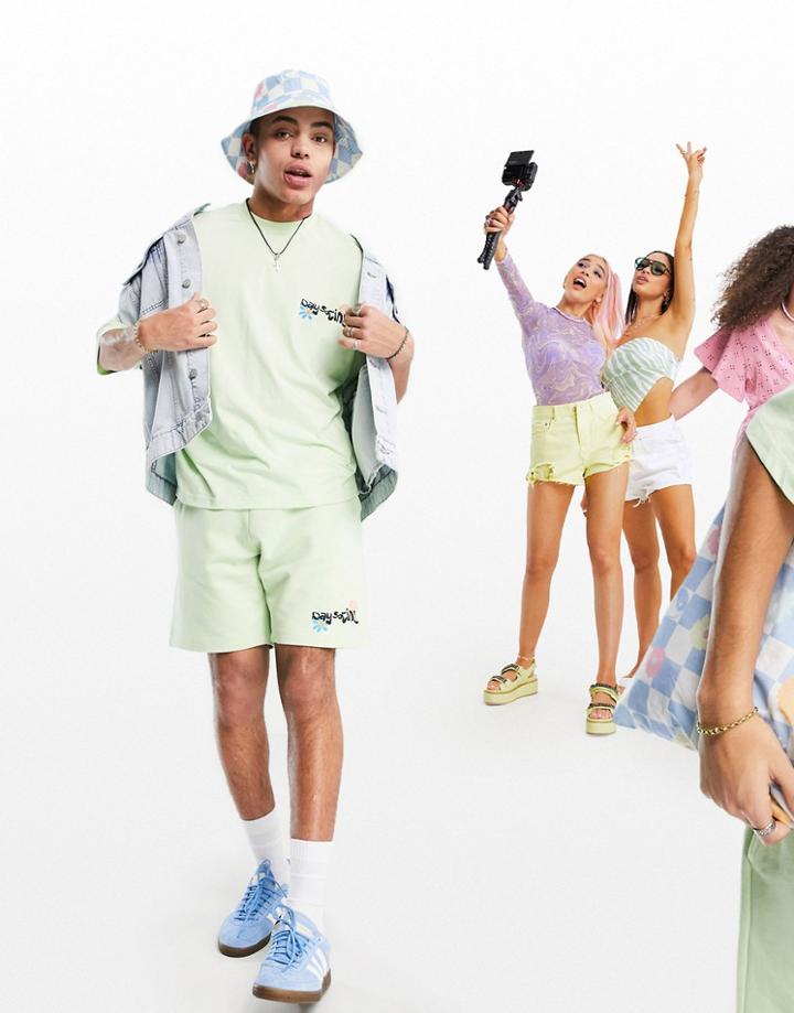 Asos Daysocial Oversized Short With Flower Logo Print In Green - Part Of A Set