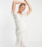 Asos Design Maternity Off Shoulder Midi Dress With Button Front-white