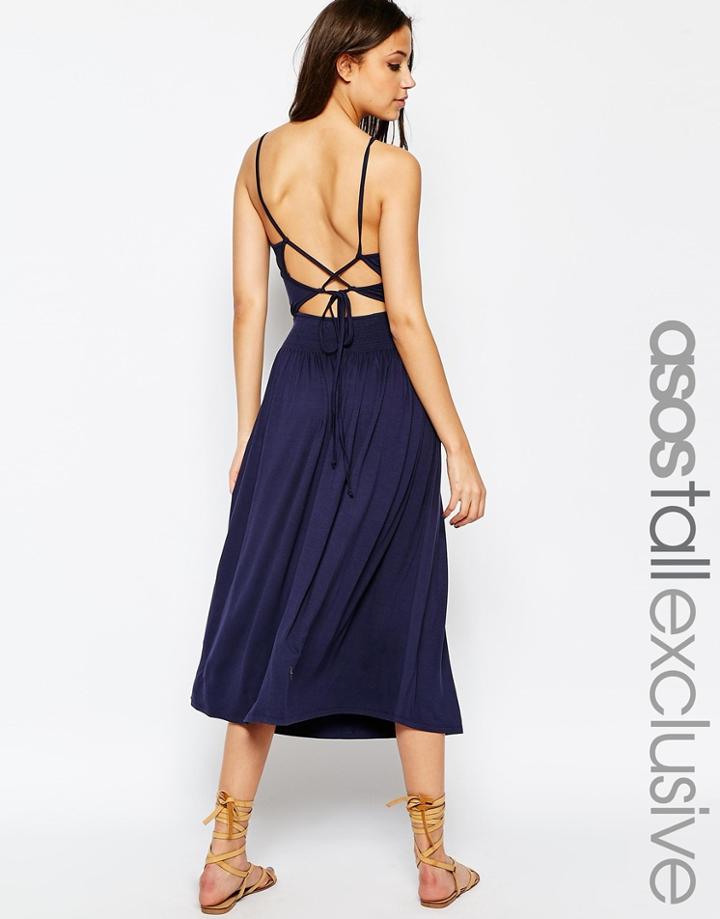 Asos Tall Shirred Waist Midi Strappy Back Dress - Navy