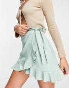 Na-kd Ruffle Detail Wrap Mini Skirt In Dusty Green