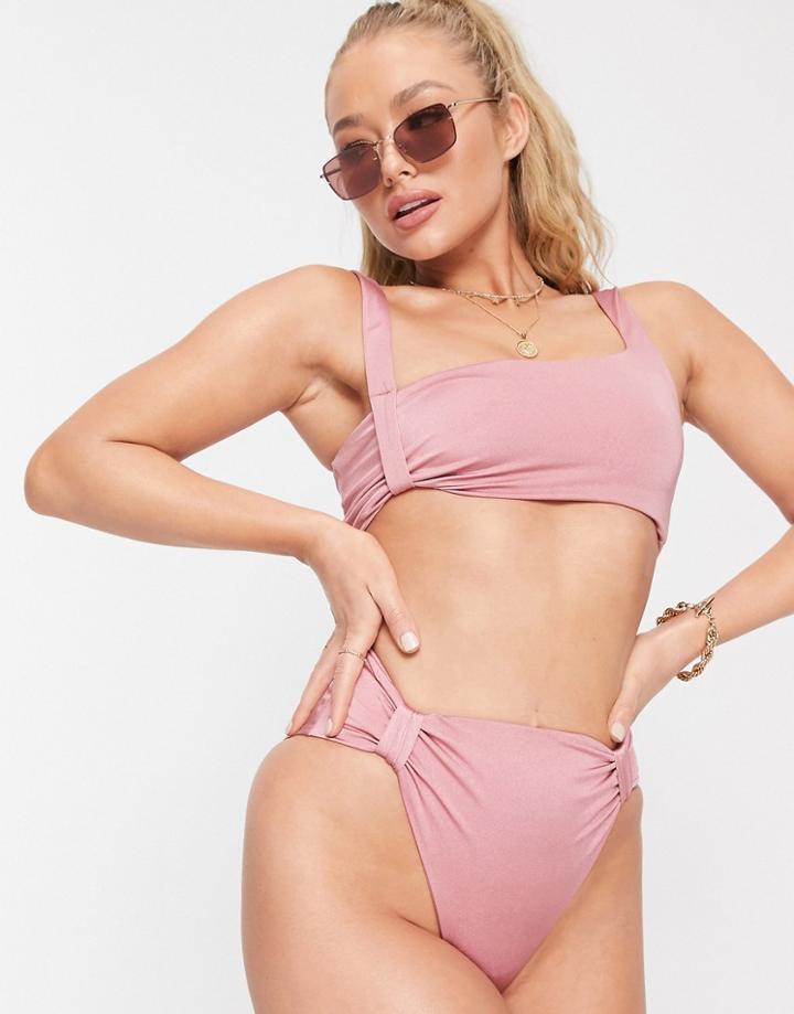Asos Design Ruched Tab Bikini Bottoms In Coral Sand-orange