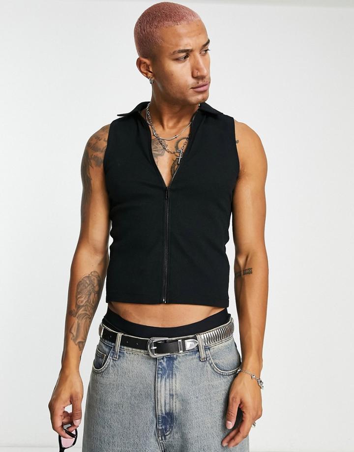 Asos Design Muscle Rib Sleeveless Zip Through Polo In Black