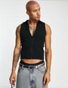 Asos Design Muscle Rib Sleeveless Zip Through Polo In Black