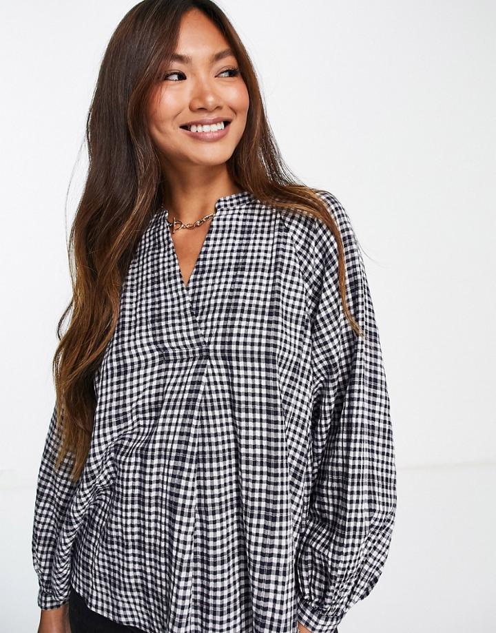Whistles Open Collar Blouse With Puff Sleeves In Mono Plaid-multi