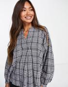 Whistles Open Collar Blouse With Puff Sleeves In Mono Plaid-multi