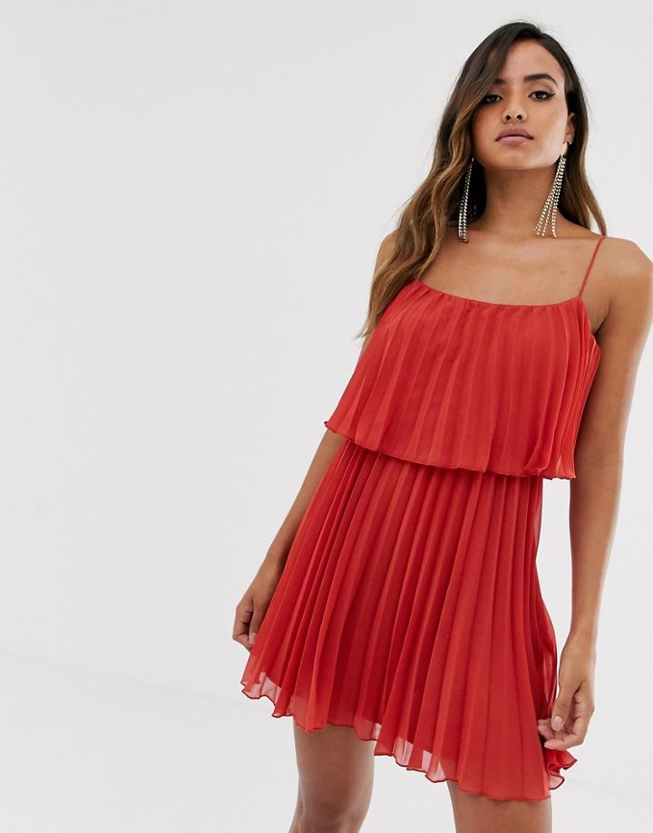 Asos Design Pleated Crop Top Mini Dress With Scoop Neck-red