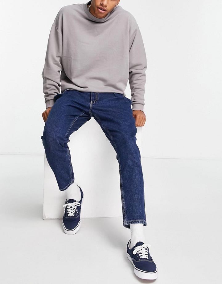 Asos Design Classic Rigid Pleated Jeans In Mid Wash Blue-blues