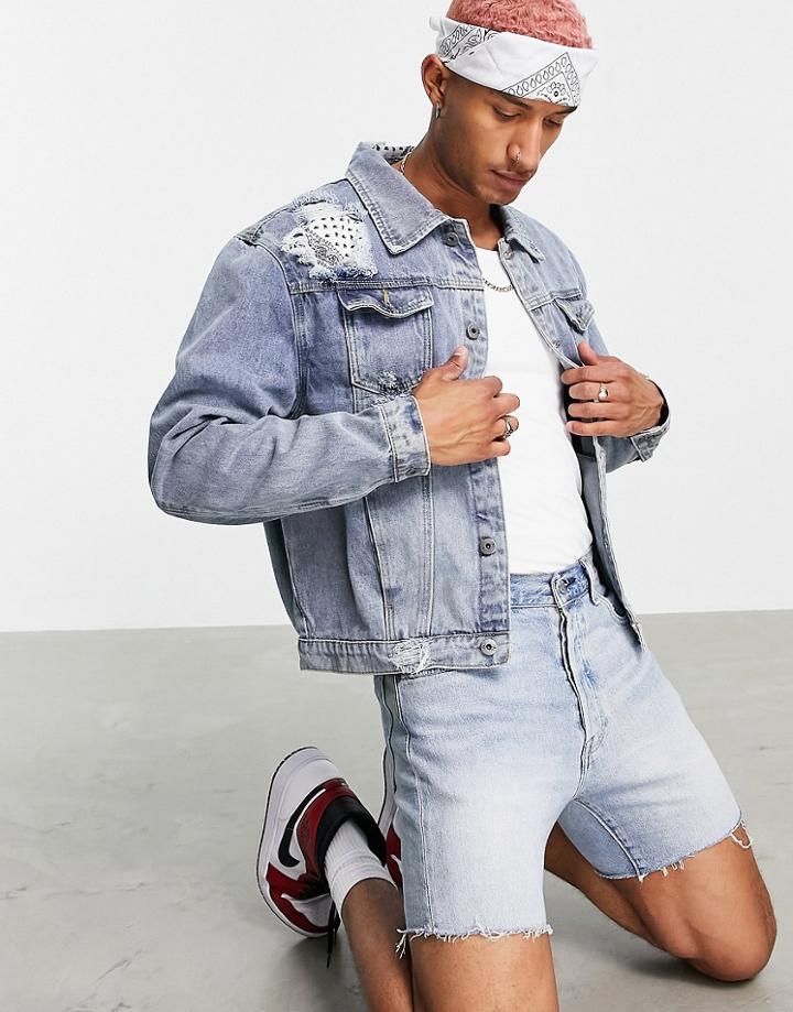 Liquor N Poker Oversized Denim Jacket In Stone Wash-blues