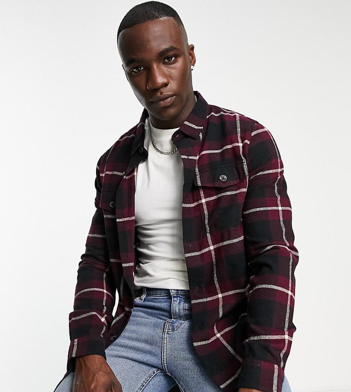 Threadbare Tall Twin Pocket Check Shirt In Burgundy-red