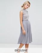 Little Mistress Premium Lace Pleated Midi Dress - Gray