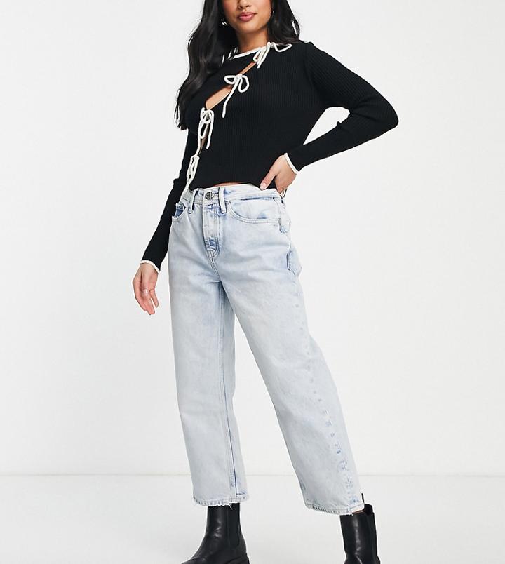 River Island Petite Straight Jean With Raw Hem In Light Blue