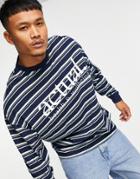 Asos Actual Oversized Long Sleeve T-shirt With All Over Stripe Print And Chest Logo In Navy