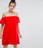 Asos Petite Off Shoulder Mini Dress With Lace Hem - Red