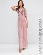 Asos Tall Premium Wrap Maxi Dress With Embroidery - Maroon