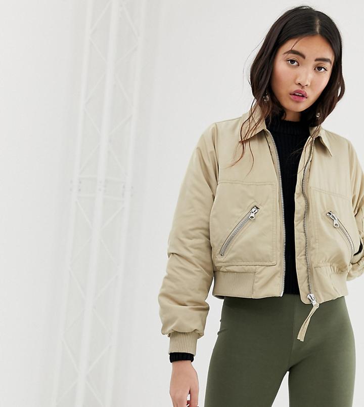 Monki Short Bomber Jacket With Oversized Pockets In Beige - Beige