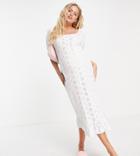 Asos Design Maternity Eyelet Midi Dress With Square Neck And Puff Sleeves In White