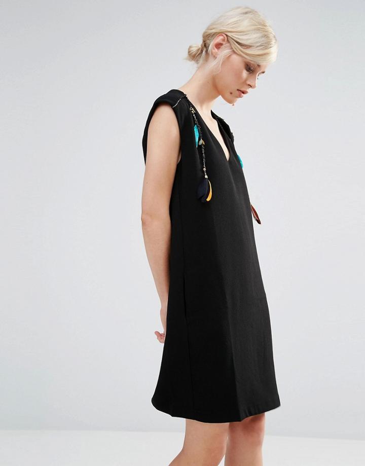 See U Soon Shift Dress With Feather And Beaded Detail - Black