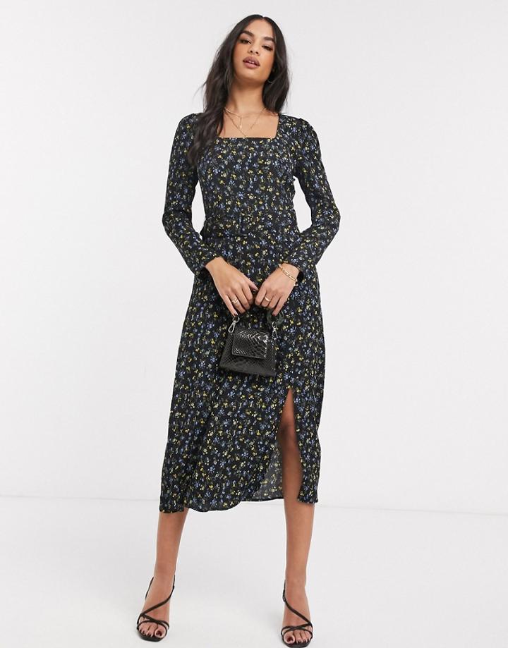 Warehouse Ditsy Square Neck Midi Dress In Black-multi