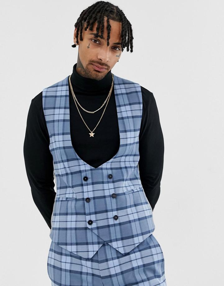 Twisted Tailor Super Skinny Vest In Blue Check - Blue