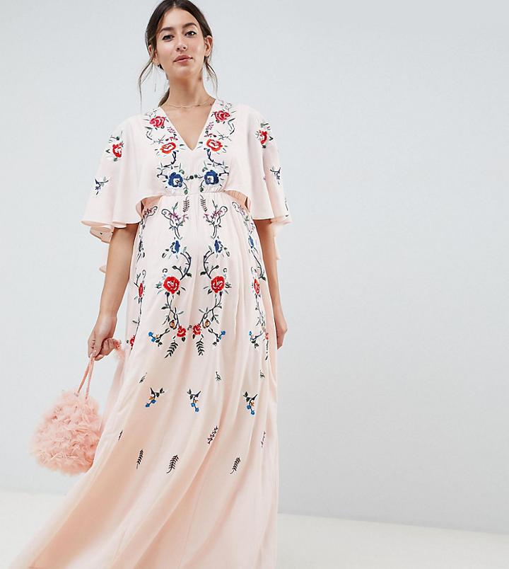 Asos Design Maternity Embroidered Maxi Dress With Flutter Sleeve-cream
