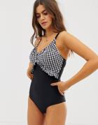 Pour Moi Checkers Frill Control Swimsuit In Black & White - Multi