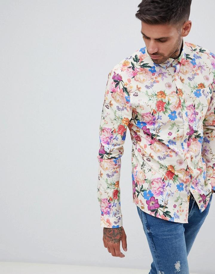 Asos Design Stretch Slim Shirt In Photographic Floral Print In Ecru - White