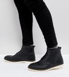 Asos Wide Fit Lace Up Boots In Black Leather With White Sole - Black