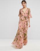 Asos Floral Pleated Flutter Sleeve Maxi Dress - Multi