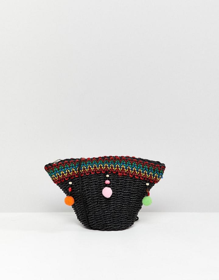 Asos Design Mini Straw Cross Body With Pom Pom Detail - Black