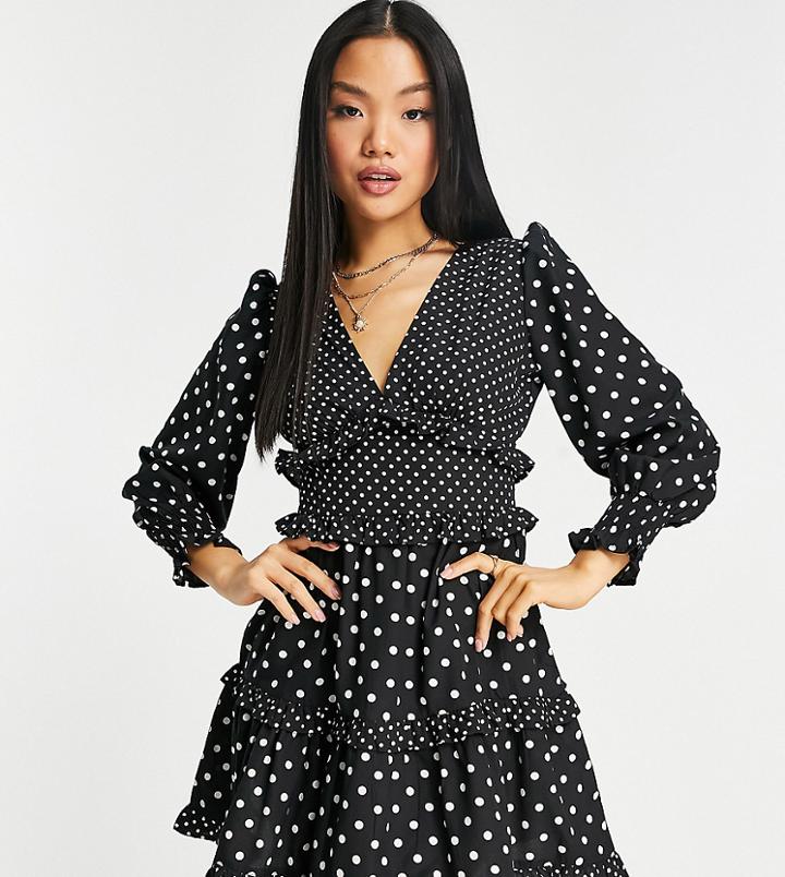 Influence Petite Long Sleeve Tiered Skirt Mini Dress In Polka Dot-black