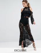 Dark Pink All Over Lace Midi Skirt With Peplum Hem - Black