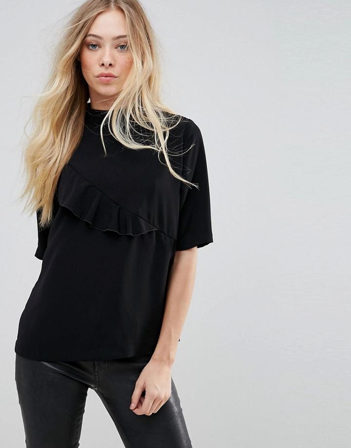 B.young Ruffle High Neck Blouse - Black